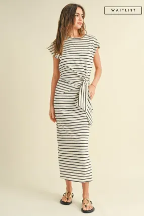 Waitlist 4/20 ♥ Avril Short Sleeve Knot Stripe Print Midi Dress White