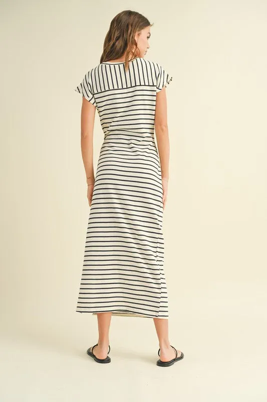 Waitlist 4/20 ♥ Avril Short Sleeve Knot Stripe Print Midi Dress White