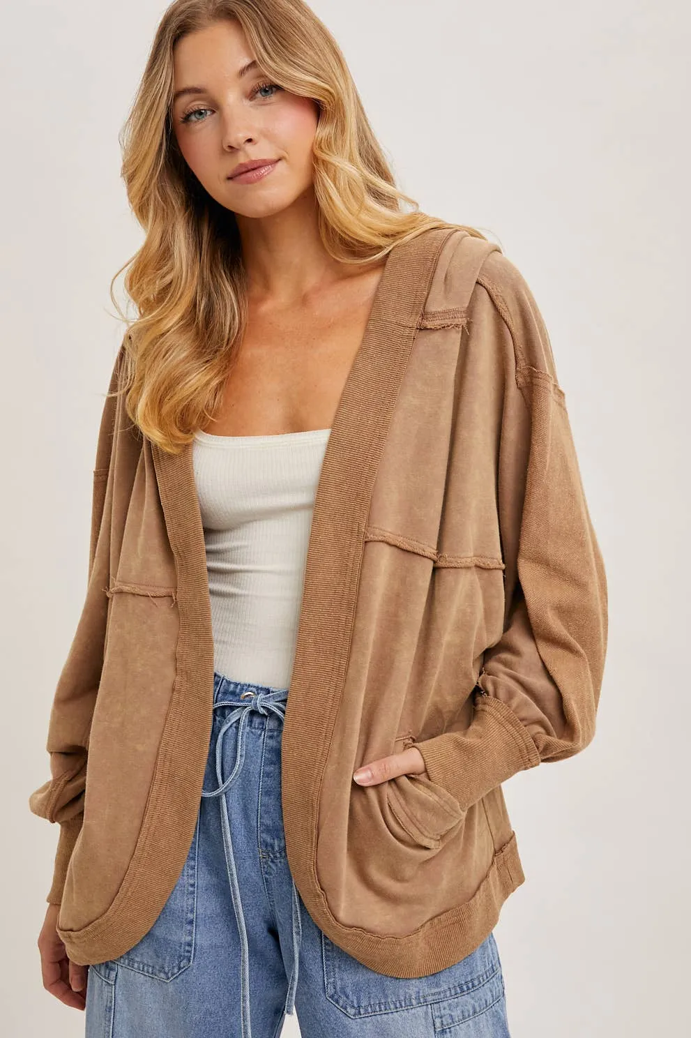 Washed Open Front Hoodie Cardigan LATTE #257