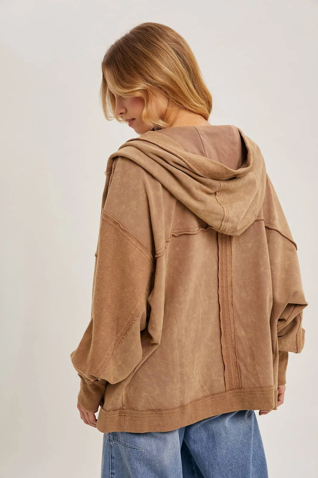 Washed Open Front Hoodie Cardigan LATTE #257