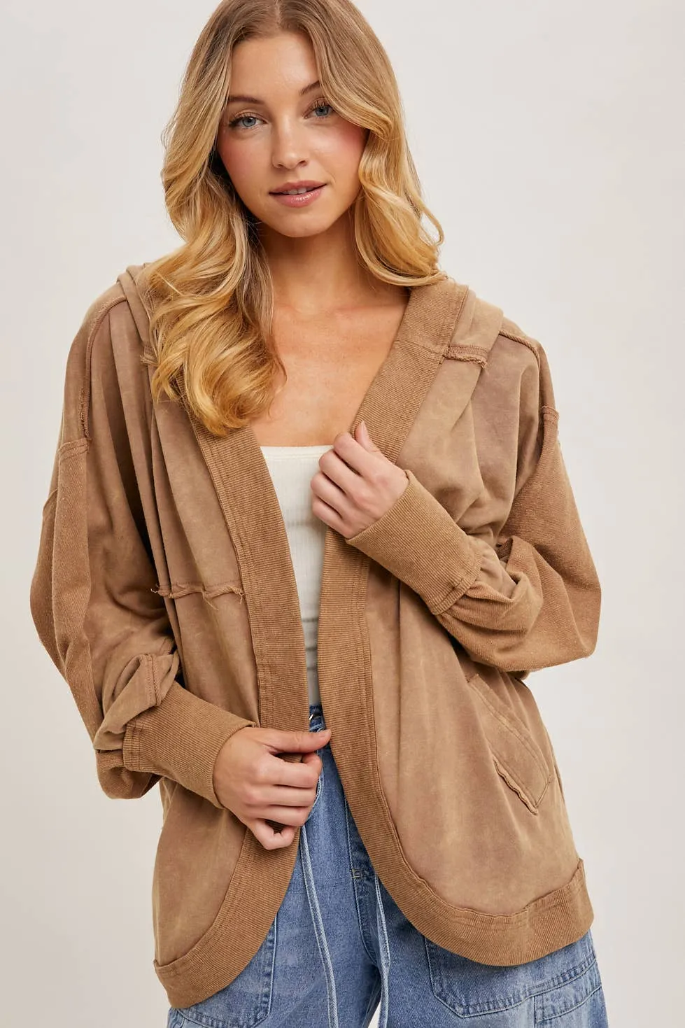 Washed Open Front Hoodie Cardigan LATTE #257