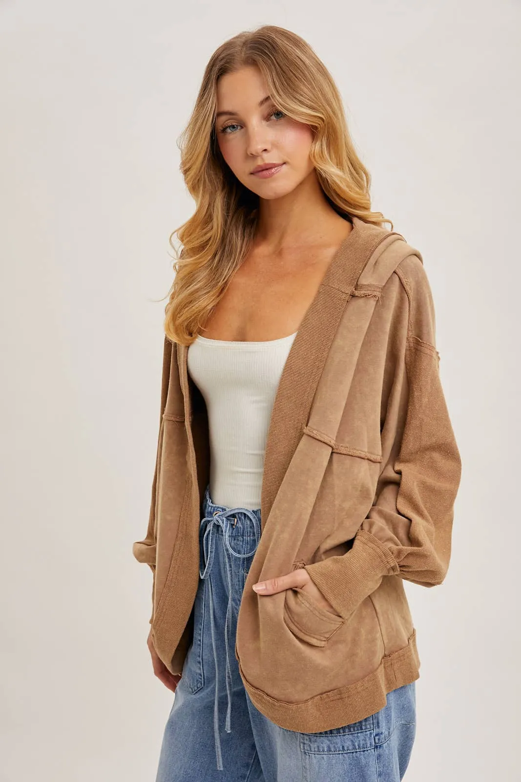Washed Open Front Hoodie Cardigan LATTE #257