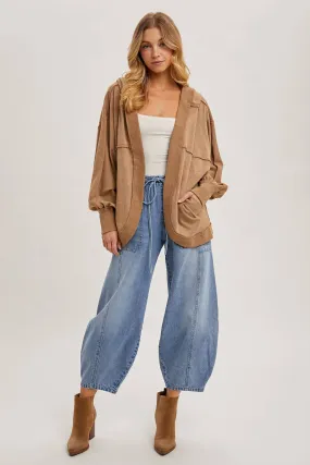 Washed Open Front Hoodie Cardigan LATTE #257
