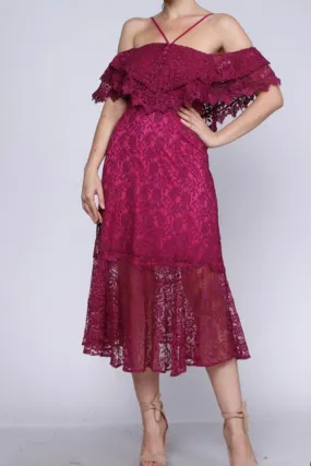 WIDE LACE OFF THE SHOULDER MIDI DRESS WITH SLIP