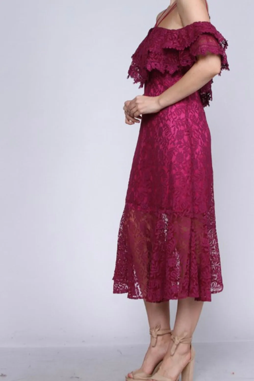 WIDE LACE OFF THE SHOULDER MIDI DRESS WITH SLIP