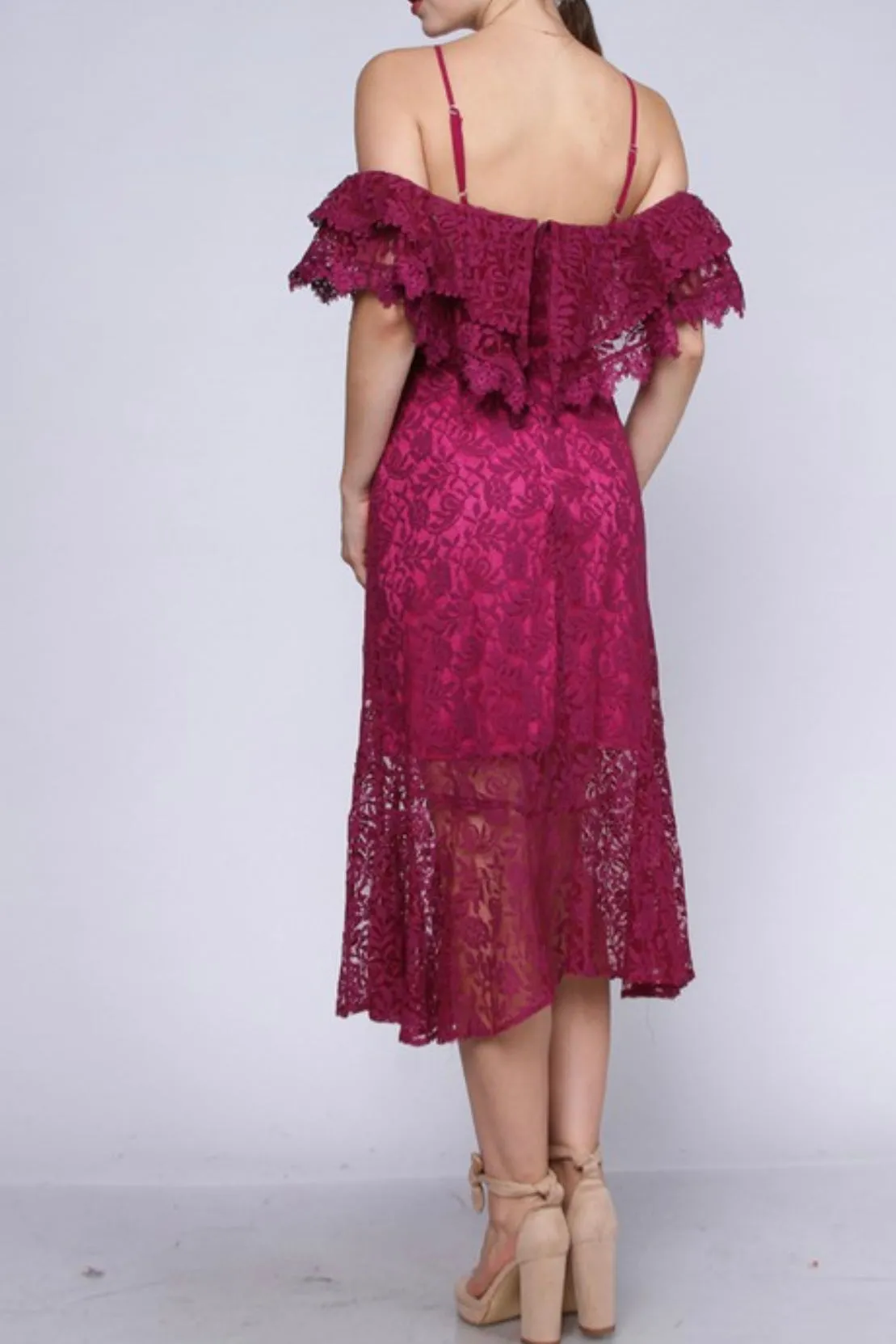 WIDE LACE OFF THE SHOULDER MIDI DRESS WITH SLIP