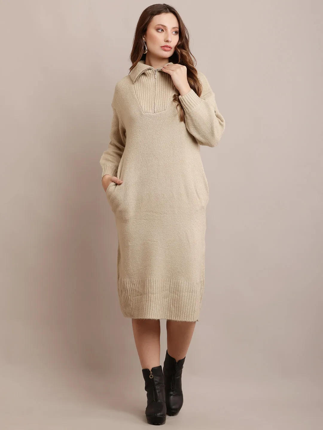 Women Acrylic Beige Sweater Dress