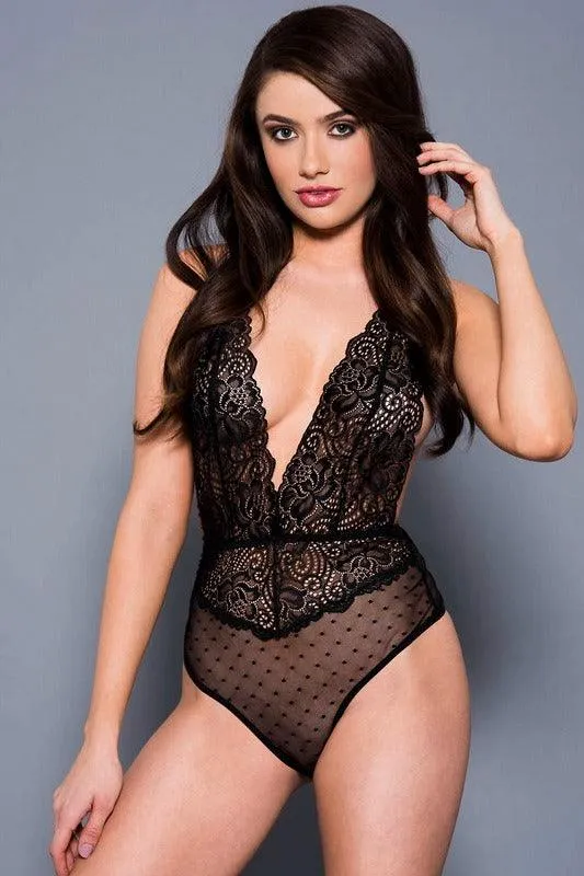 Women Lace & Net Polka Dot Teddy Babydoll Lingerie Pack of 1 Black