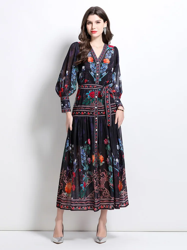 Women's Floral V Neck Lace A-Line Tied Maxi Dress